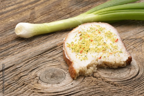 Lard spread on home baked bread with paprika and vegeta powder Poster