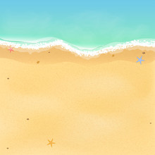 Summer Time. Top View Of An Exotic Empty Beach With Sea Stars And Seashells. A Place For Your Project. A Foamy Sea With Waves. Vector Illustration