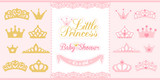 Gold and pink crowns set. Little princess design elements. Template silhouettes of crowns for laser cutting. Birthday party and girl baby shower decor. 