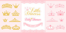 Gold And Pink Crowns Set. Little Princess Design Elements. Template Silhouettes Of Crowns For Laser Cutting. Birthday Party And Girl Baby Shower Decor. 