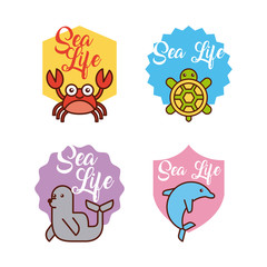 Poster - sea life icons set flat draw illustration vector design graphic