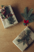 DIY Christmas Present Decoration Pine Branches And Brown Paper