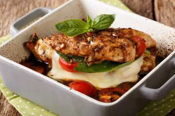 Balsamic chicken breast stuffed with mozzarella, basil and tomatoes close up. horizontal