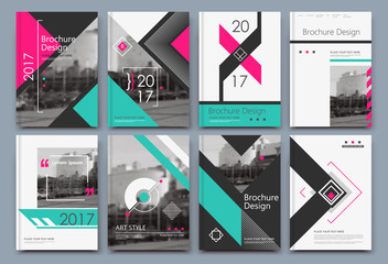 Wall Mural - Abstract binder art. A4 brochure cover design. Hi tech info frame. Elegant ad flyer text. Title sheet model set. Fancy vector front page. City street font blurb. Pink, green line, triangle figure icon