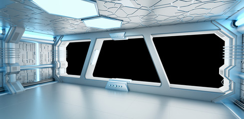 Wall Mural - spaceship blue and white interior 3d rendering