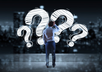 Poster - Businessman watching a question mark sketch on a rooftop 3D rendering