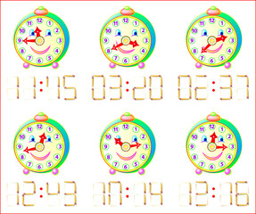 Logic puzzle game for little children. In each task add 1 matchstick to receive correct time. Vector image.