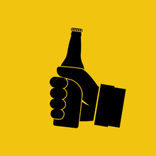 Beer In Hand Icon. Isolated Black Silhouette On Background. Man Holding Pictogram Bottle Without Label. Vector Illustration Flat Design. 