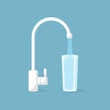 Water tap with glass. Kitchen faucet. Glass of clean water. Vector illustration flat design. Isolated on background. Filling cup beverage. Pouring fresh drink.
