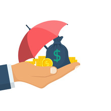 Protection Money Concept. Bag Of Coins Under An Umbrella Hold In Hand. Secure Investment, Insurance. Vector Illustration Flat Design Style. Shield To Protect Savings. Finance Safety.