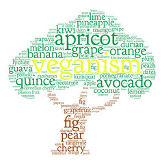 Wall Mural - Veganism. Word cloud in shape of tree, white background. Fruit.