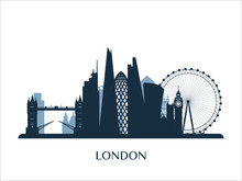 London Skyline Monochrome Silhouette. Vector Illustration.