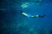 Man Swim Underwater In Snorkel