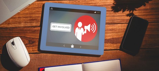 Wall Mural - composite image of get involved text with icons on gray screen