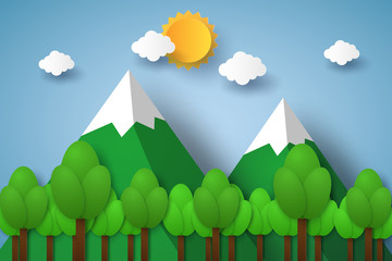 Wall Mural - Nature landscape with mountain and tree , paper art style