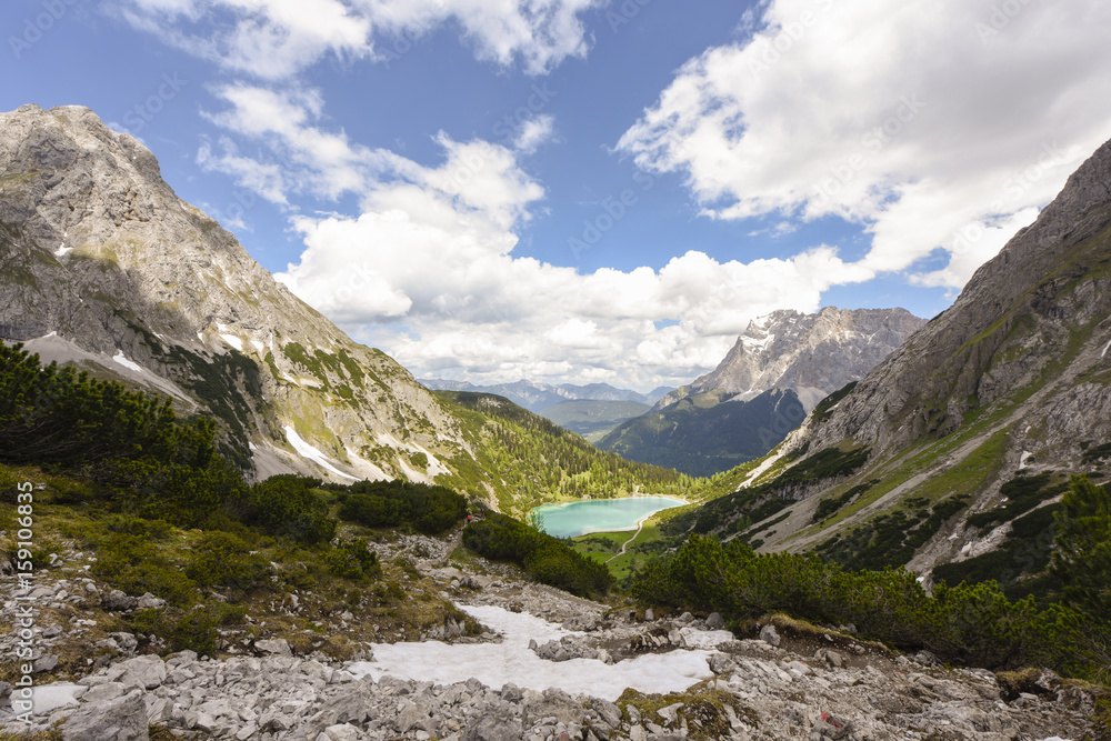 Panorama of Zugspitze mountain and lake Seebensee, view from Coburger ...
