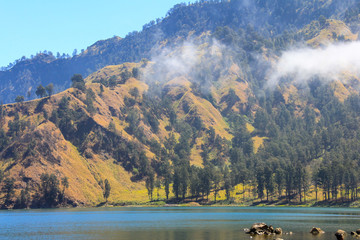 Wall Mural - Scenery of lake inside Rinjani mountain, active volcano at Lombok island of Indonesia.