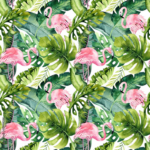 Foto-Gardine - Tropical isolated seamless pattern with flamingo. Watercolor tropic drawing, rose bird and greenery palm tree, tropic green texture, exotic flower. Aloha set (von kris_art)