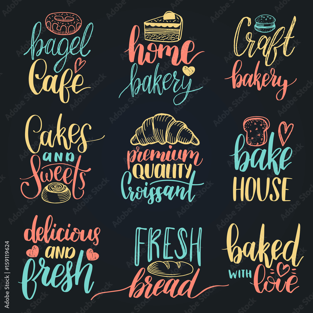 Vector set of vintage bakery hand lettering.Calligraphy collection with ...