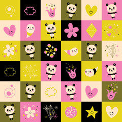 panda bears hearts flowers nature pattern