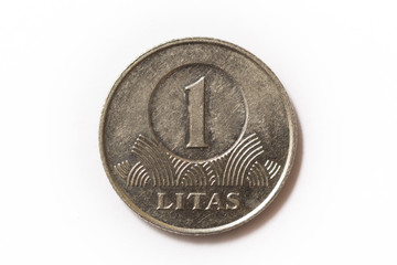 One litas coin 2002 with national Lithuanian emblem isolated on white