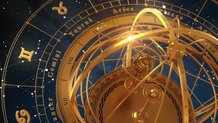 Wall Mural - zodiac signs and armillary sphere on blue background. seamless looped. 3d animation.