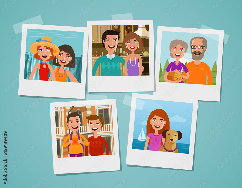 Family photo album. People, parents and children concept. Cartoon vector illustration - obrazy, fototapety, plakaty 