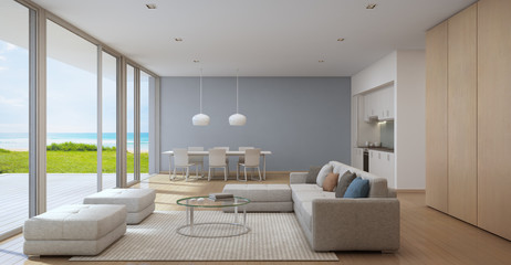 Wall Mural - Sea view kitchen, dining and living room of luxury beach house in modern design, Vacation home for big family - Interior 3d rendering