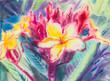 Abstract watercolor original painting purple,yellow color of Frangipani  flowers  and green leaves