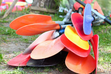 Pile Of Multicolored Paddles For Kayaking Rowing Lying On The Ground