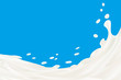 Milk splash vector illustration background isolated over blue. White creamy liquid flow with drops. Dairy product. 3d illustration.