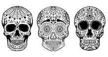 Set Of Hand Drawn Sugar Skulls Isolated On White Background. Day Of The Dead. Dia De Los Muertos. Design Elements For Poster, T-shirt. Vector Illustration