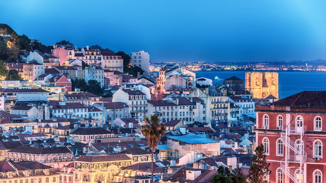 Lisbon, Portugal: aerial view the old town at sunset
