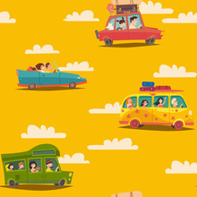 Travel By Car Seamless Vector Pattern, Cartoon Style. Bus, Van And Car With Happy People On Vacation Wallpaper. Hand Drawn Objects. Summer Holidays Colorful Backdrop