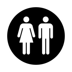 Man and woman circle icon. Black round icon isolated on white background. Man and woman simple silhouette. Web site page and mobile app design vector element.