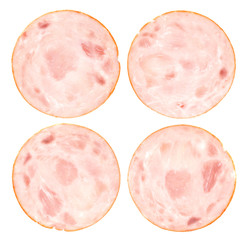 Wall Mural - Ham slice isolated. Boiled and smoked ham or sausage isolated on white background, top view