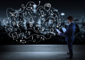 Wall Mural - businessman watching a project sketch on a rooftop 3d rendering