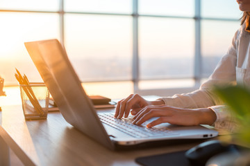 Female teleworker texting using laptop and internet, working online. Freelancer typing at home office, workplace.