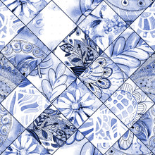 Monochrome Seamless Texture With Blue Floral Patchwork Pattern. Watercolor Painting