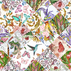  motley seamless background with floral patchwork pattern. watercolor painting