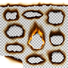 Collection Of Burnt Faded Holes Piece Burned Paper Realistic Fire Flame Isolated Page Sheet Torn Ash Vector Illustration