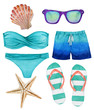 Set of watercolor illustrations of the beach accessories: swimsuit, shorts, sunglasses, slippers, starfish, shell