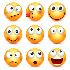 Smiley,emoticons set. Yellow face with emotions. Facial expression. 3d realistic emoji. Funny cartoon character.Mood. Web icon. Vector illustration.