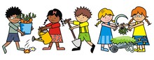 Gardening, Group Of Kids,boys And Girls Work In The Garden, Garden Tools