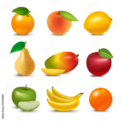 Fresh realistic 3d juicy fruits slice organic vegetarian isolated greengrocer...