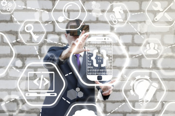 Smartphone Digital Mobile Coding Programming Augmented Virtual Reality Development SEO Web Designing Concept. Man in vr glasses offers phone with code icon on touch screen interface. 3D develop api.