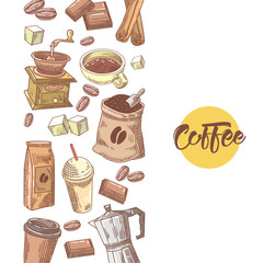 Wall Mural - Coffee Hand Drawn Design with Coffee Beans, Sugar and Cinnamon. Food and Drink. Vector illustration