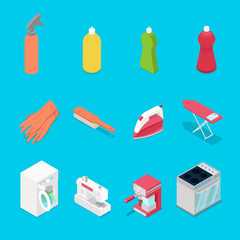 Isometric Housework Objects with Spray, Iron and Washing Machine. Vector flat 3d illustration