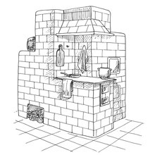 Tiled Stove In A Corner. Vector Illustration Of A Sketch Style.