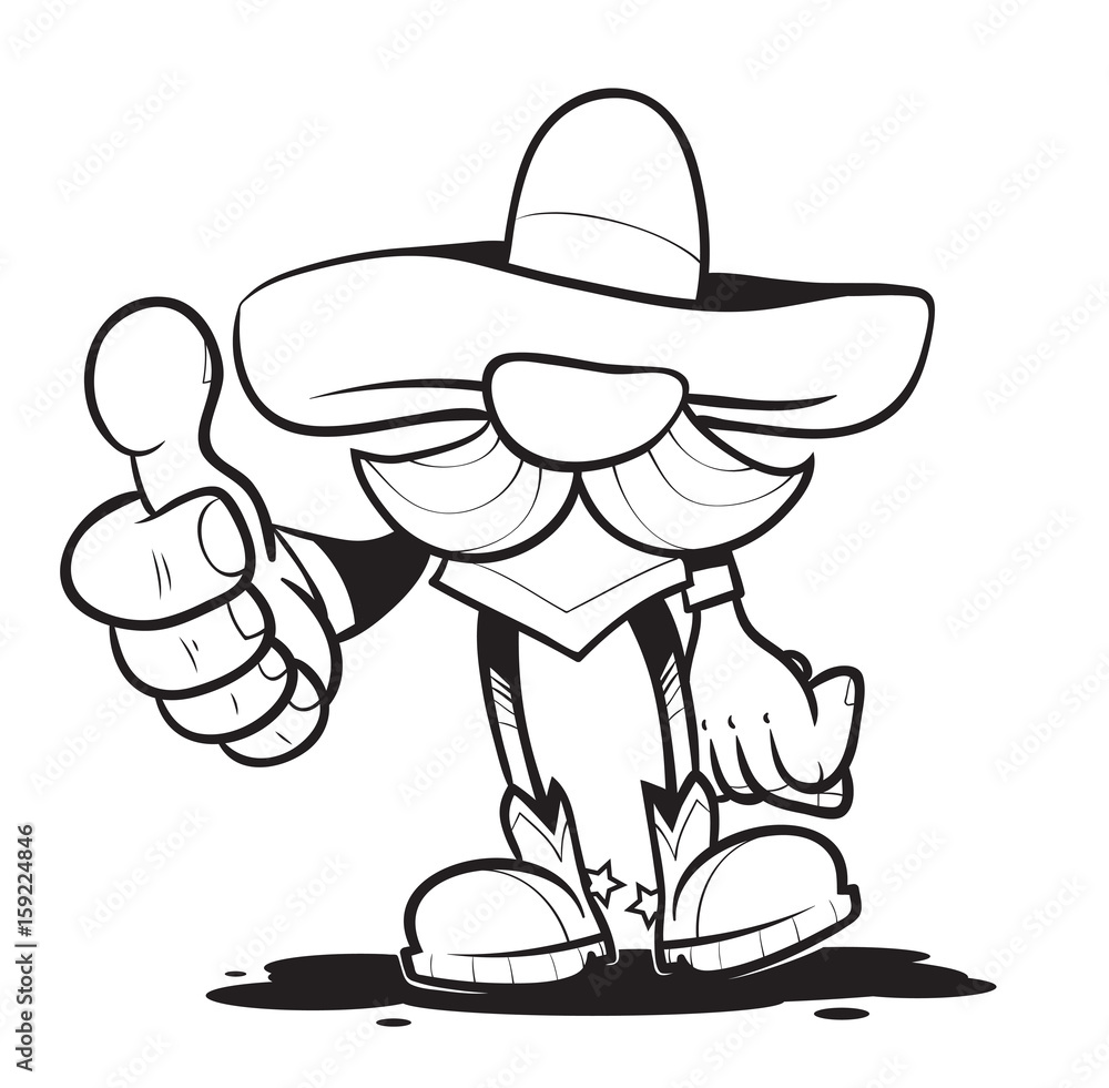 The Spaniard Amigo in a sombrero and a big moustache says that all is well  and shows thumb. Hand vector drawing. Print on a t-shirt. Black and white  clipart. Stock Vector |, image size:1000x981